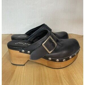 Free People Black Leather Clogs with Wooden Heel
